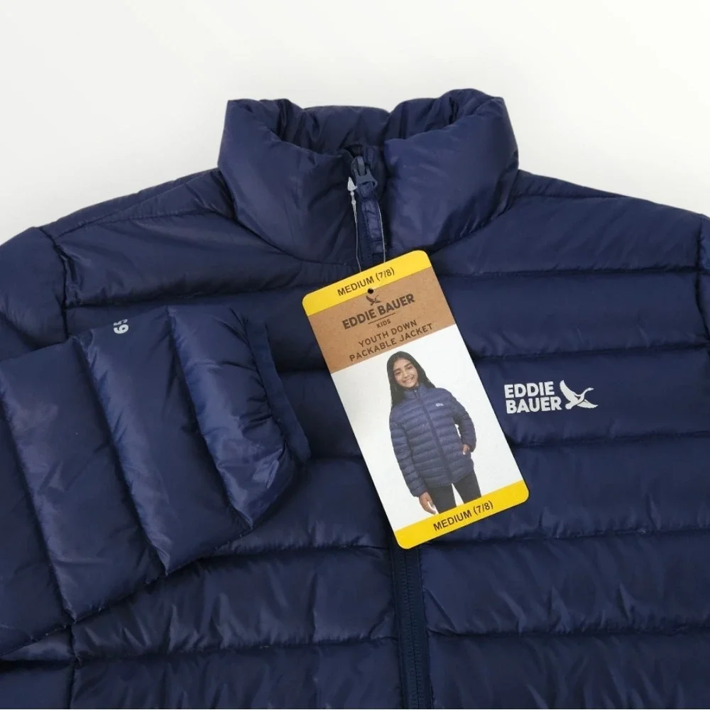 Eddie Bauer Kids Youth‎ M 7/8 Navy Blue 650 Fill Down Packable Puffer Jacket New
